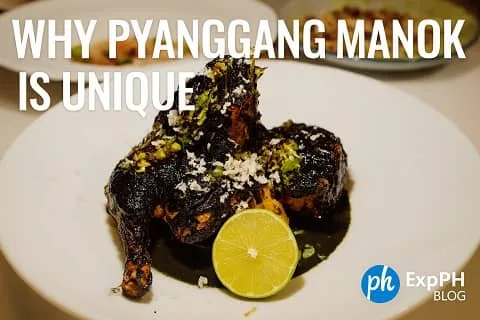 A realistic Pyanggang Manok dish with burnt coconut sauce, lime garnish, and the ExpPH Blog logo.