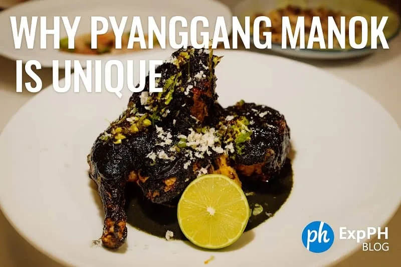 A realistic Pyanggang Manok dish with burnt coconut sauce, lime garnish, and the ExpPH Blog logo.