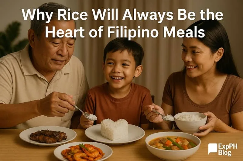 A Filipino family sharing a meal with rice at the center of the table, showing how rice remains the heart of Filipino family dining and tradition.