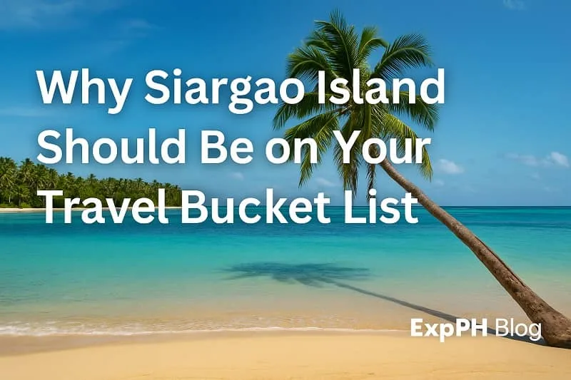 Beautiful beach scene in Siargao Island with turquoise water, palm trees, and ExpPH Blog logo