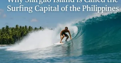 Surfer riding a powerful wave in Siargao Island with tropical palm trees and ExpPH Blog logo