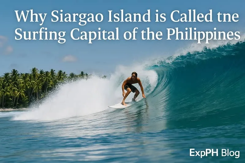 Surfer riding a powerful wave in Siargao Island with tropical palm trees and ExpPH Blog logo