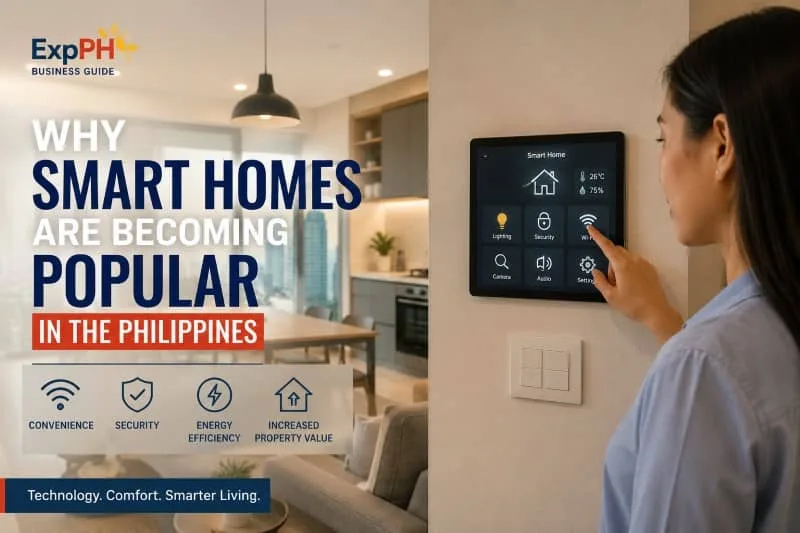 Modern smart home in the Philippines with a woman using a digital home automation control panel inside a contemporary condo unit.