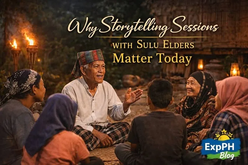 Storytelling Sessions with Sulu Elders sharing wisdom with youth during an evening cultural gathering in a traditional Sulu community setting