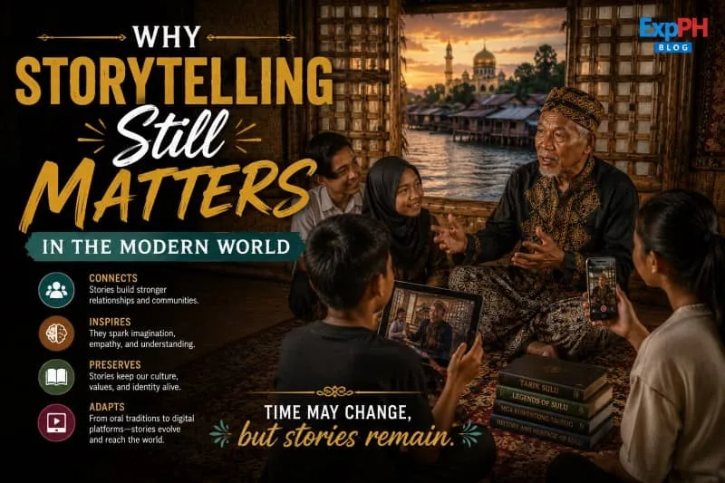 A realistic image of a Tausug elder sharing stories with Filipino youth while modern devices record the session, showing the connection between traditional storytelling and modern technology.