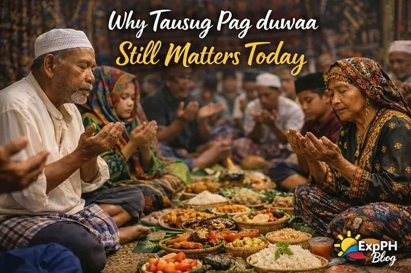 Tausug families of different generations gathered in prayer during Pag duwaa, showing faith, unity, and cultural togetherness in a Filipino Muslim community with ExpPH Blog logo.