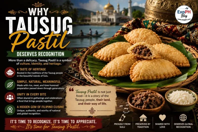 Traditional Tausug pastil arranged on banana leaves inside a woven basket, surrounded by Tausug cultural textiles and ingredients, highlighting why this unique Filipino delicacy deserves wider recognition, with the ExpPH Blog logo displayed.