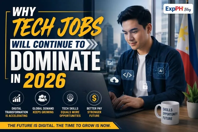 Filipino professionals working in technology with AI visuals, coding screens, and modern city background representing growth of tech jobs in 2026