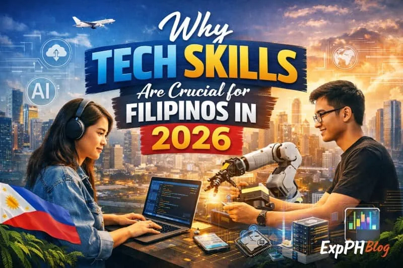 Young Filipino professionals using laptops and advanced technology with a futuristic city background, highlighting the importance of tech skills in 2026