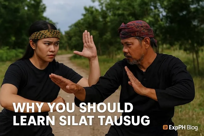 Two Silat Tausug practitioners training outdoors in realistic stances with the ExpPH Blog logo.