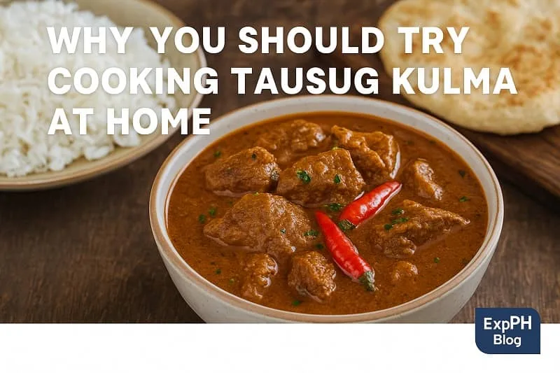 A realistic bowl of Tausug Kulma curry with tender meat, chilies, rice, flatbread, and the ExpPH Blog logo.