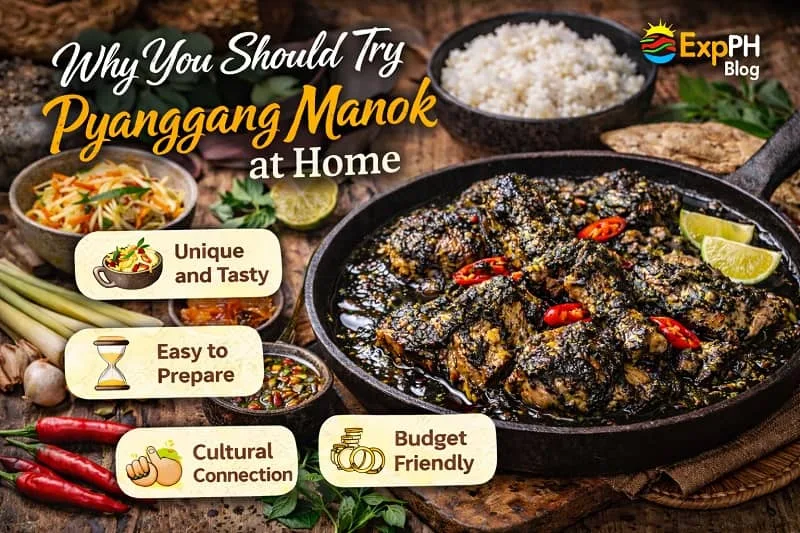 Authentic Pyanggang Manok served in a rustic Filipino setting highlighting reasons to cook it at home, featuring ExpPH Blog logo
