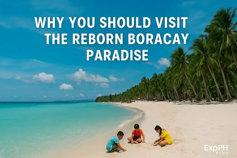 A realistic image of Boracay’s White Beach showing children playing on the sand, turquoise water, palm trees, and the ExpPH Blog logo.