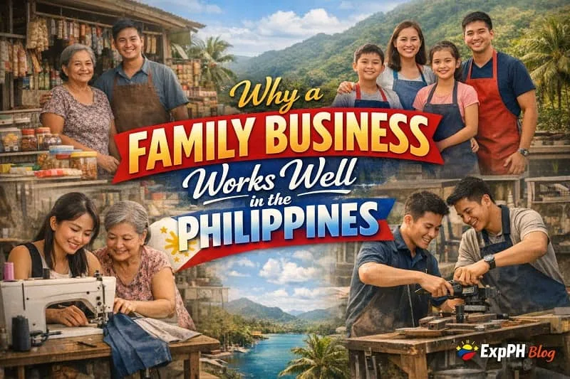 Filipino family running small businesses together including a sari sari store sewing and woodworking showing teamwork and unity in the Philippines