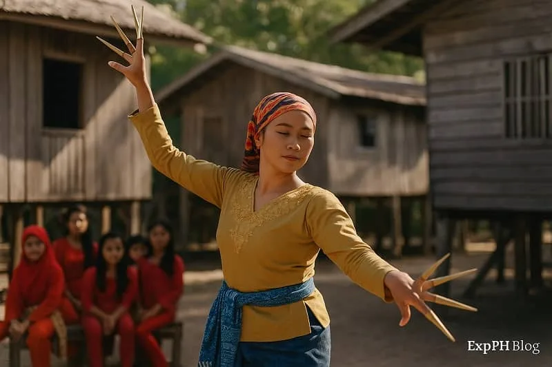 A Tausug woman performing the Pangalay Dance in a traditional village setting.