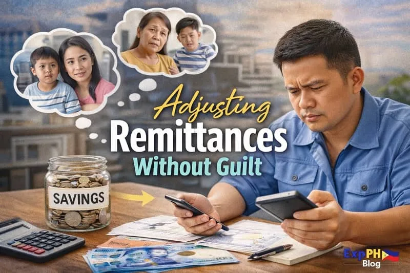 Filipino OFW reviewing remittance amount on phone with savings jar and family in mind, showing responsible remittance planning with ExpPH Blog logo.