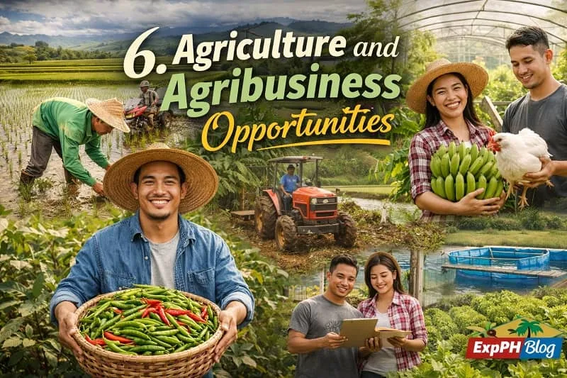 Filipino farmers and agribusiness workers harvesting crops, managing livestock, and operating modern farming systems in a vibrant rural setting