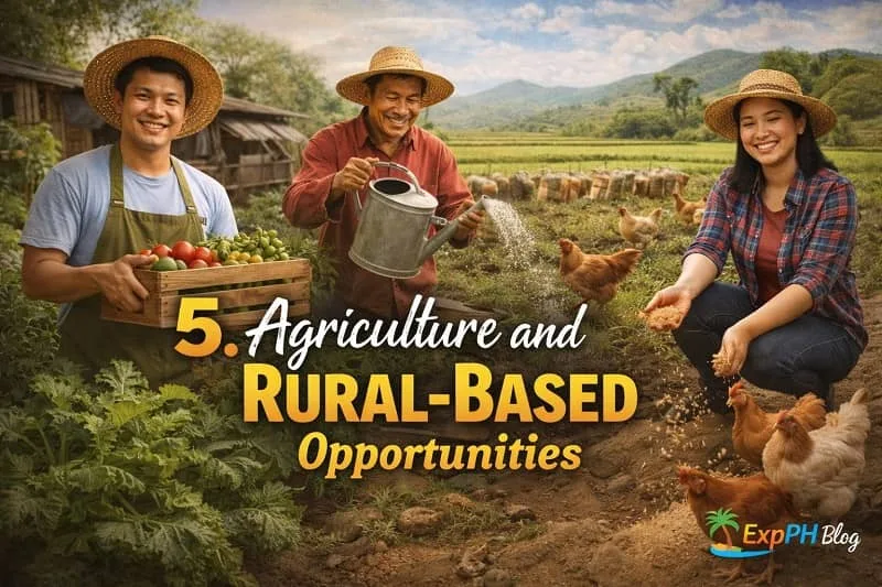 Filipino farmers working together in a rural setting with vegetables, poultry, and crops while showcasing agriculture opportunities with ExpPH Blog logo