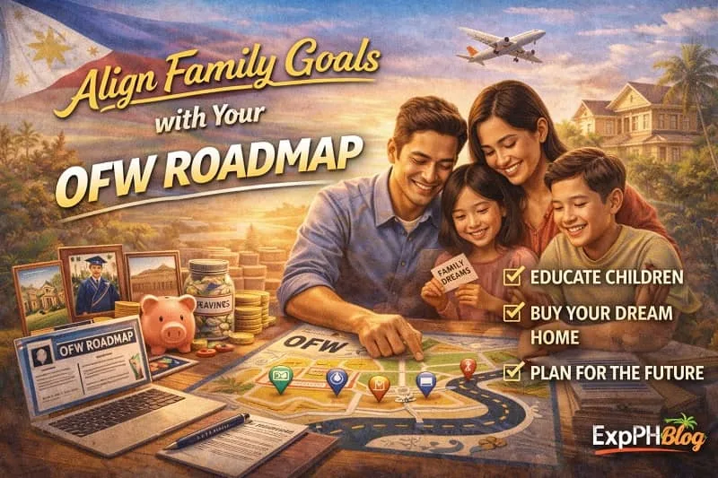 Align Family Goals with Your OFW Roadmap showing Filipino OFW family planning finances education and future goals together with ExpPH Blog logo