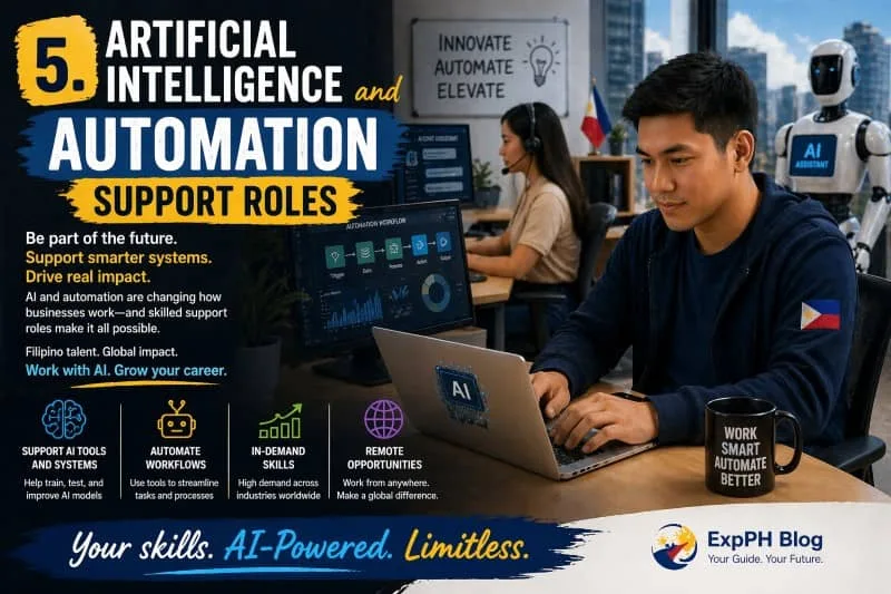 A Filipino professional working on a laptop with AI dashboards and automation tools, alongside a robotic assistant in a modern office, representing artificial intelligence and automation support roles, with visual elements of remote work and global tech opportunities, including the ExpPH Blog logo.