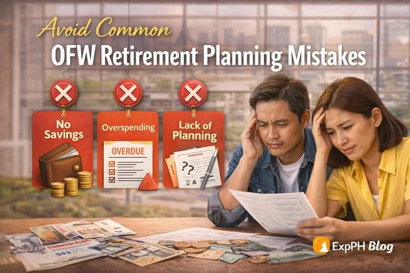 Filipino OFW couple reviewing finances with concern, highlighting common retirement planning mistakes such as overspending, lack of savings, and poor planning