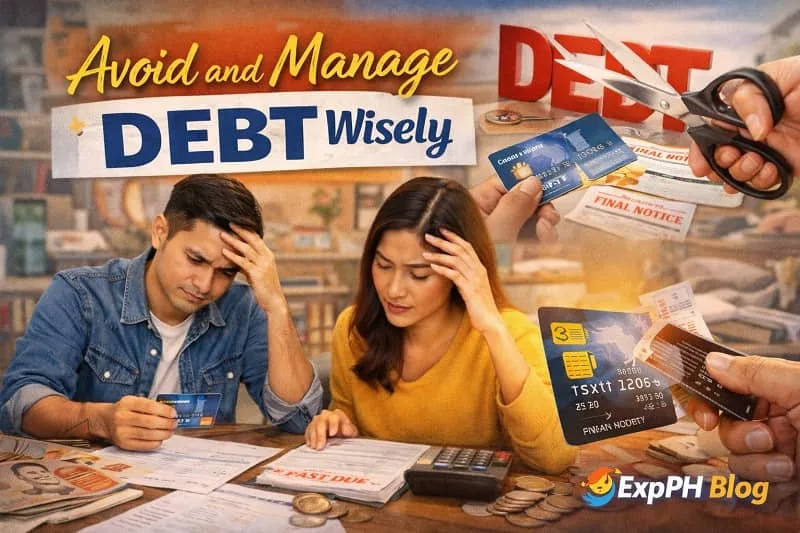 Filipino couple reviewing bills and credit cards while learning to avoid and manage debt wisely, representing responsible money decisions and debt control