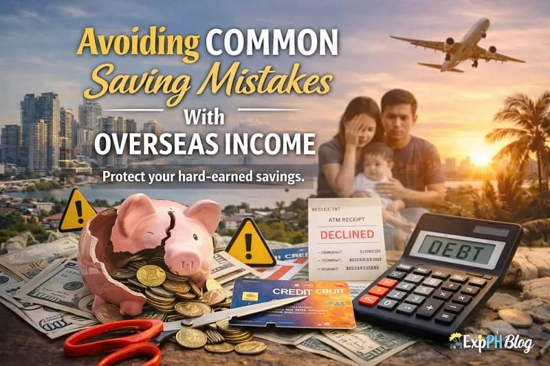 Filipino overseas earner reviewing finances and identifying common saving mistakes, showing budgeting tools, reminders, and financial awareness with ExpPH Blog logo