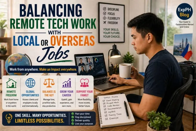 A Filipino remote worker managing tasks on a laptop during an online meeting, highlighting the balance between remote tech work and local or overseas jobs with ExpPH Blog branding.