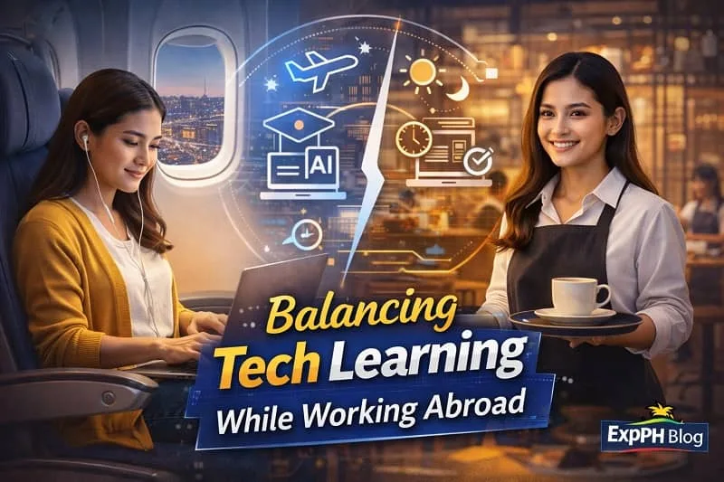 Filipino OFW balancing tech learning while working abroad using a laptop and service job setting with digital icons and ExpPH Blog logo