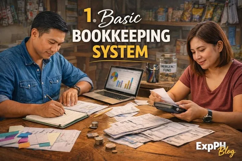 Filipino couple managing bookkeeping with calculator, receipts, and laptop showing financial charts inside a small store setup