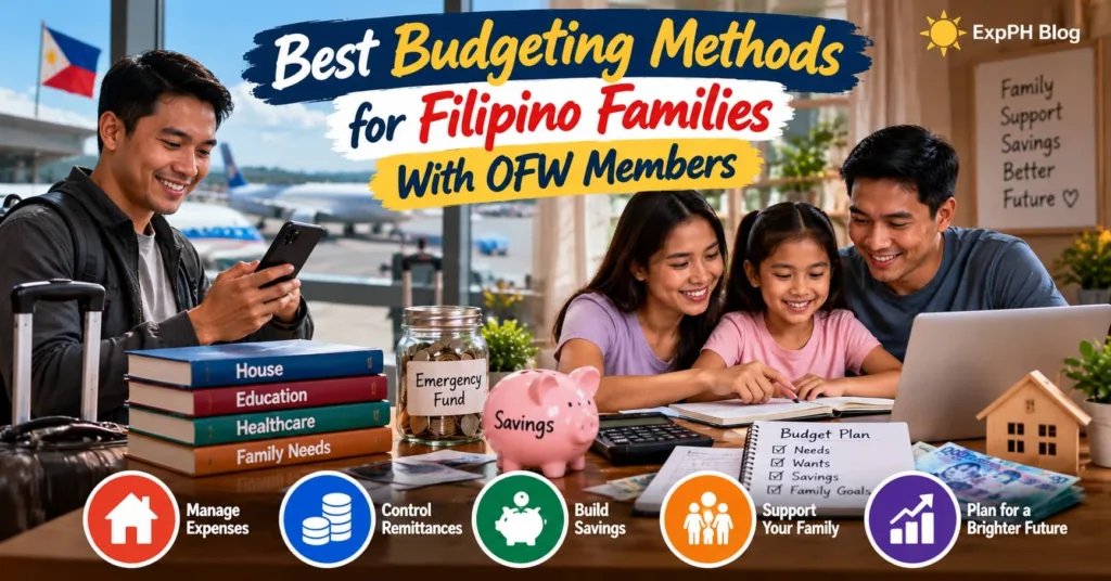 Filipino OFW family reviewing a household budget with savings jars, a budget planner, and financial documents while an overseas worker checks his phone at an airport.