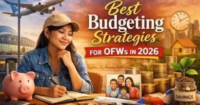 Filipino overseas worker planning finances with savings, family photo, and budgeting tools representing best budgeting strategies for OFWs in 2026.