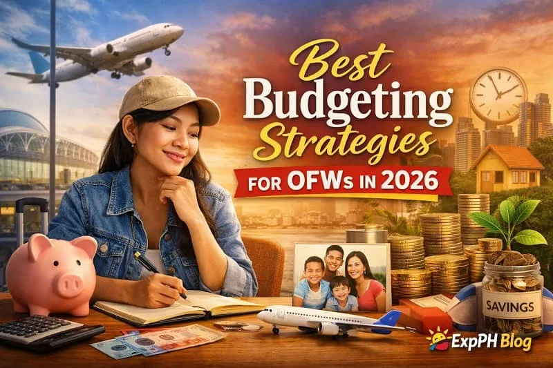 Filipino overseas worker planning finances with savings, family photo, and budgeting tools representing best budgeting strategies for OFWs in 2026.