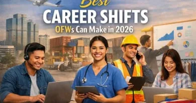 Filipino OFWs representing digital work, healthcare, construction, and online business with ExpPH Blog logo, highlighting career shifts for 2026.