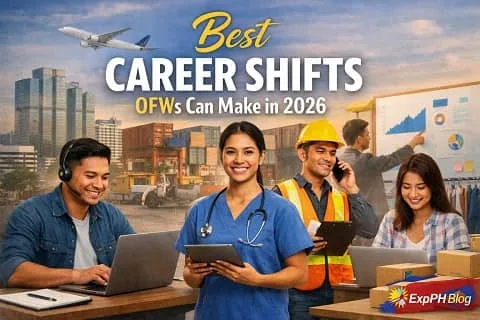 Filipino OFWs representing digital work, healthcare, construction, and online business with ExpPH Blog logo, highlighting career shifts for 2026.