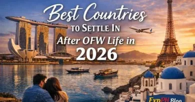 Filipino couple looking at global landmarks symbolizing the best countries to settle after OFW life in 2026 with ExpPH Blog logo