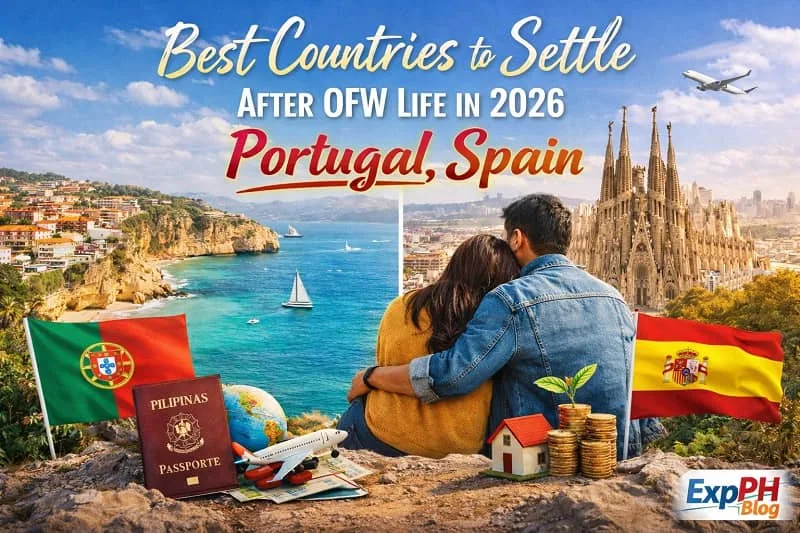 Filipino couple viewing coastal Portugal and Barcelona cityscape while planning to settle after OFW life in 2026, with Philippine passport, savings, home symbol, and ExpPH Blog logo