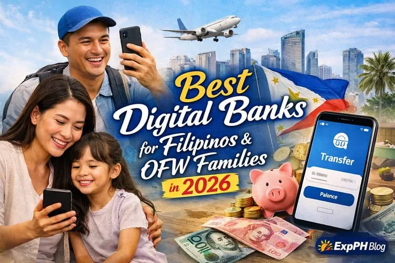 Filipino OFW family using digital banking apps to manage savings and remittances in 2026 with smartphone, money, and Philippine background