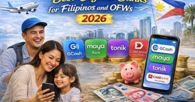 Filipino OFW family using digital banking apps showing GCash, Maya Bank, Tonik Bank, CIMB Bank Philippines, and SeaBank Philippines with Philippine background and ExpPH Blog logo