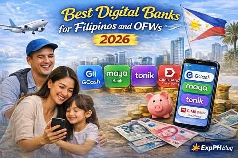 Filipino OFW family using digital banking apps showing GCash, Maya Bank, Tonik Bank, CIMB Bank Philippines, and SeaBank Philippines with Philippine background and ExpPH Blog logo