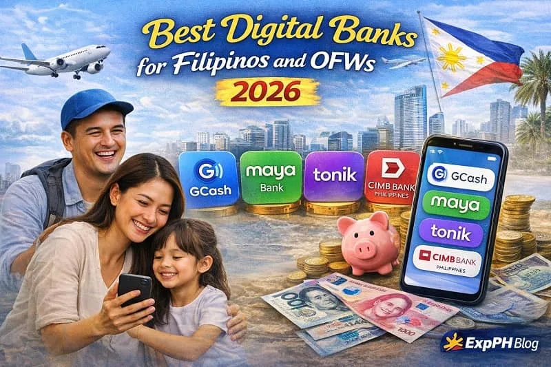 Filipino OFW family using digital banking apps showing GCash, Maya Bank, Tonik Bank, CIMB Bank Philippines, and SeaBank Philippines with Philippine background and ExpPH Blog logo