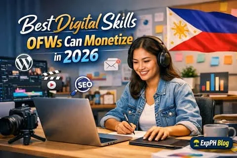 Filipino overseas worker using a laptop for online work representing digital skills OFWs can monetize in 2026 with ExpPH Blog logo visible