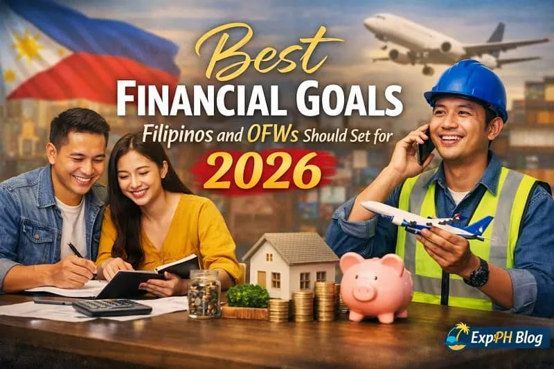 Best financial goals for Filipinos and OFWs in 2026 showing a Filipino family planning savings and an overseas worker preparing for a secure future