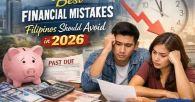 Filipino couple reviewing bills with piggy bank and money, showing common financial mistakes Filipinos should avoid in 2026