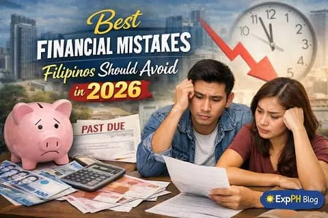 Filipino couple reviewing bills with piggy bank and money, showing common financial mistakes Filipinos should avoid in 2026
