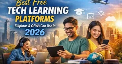 Filipinos and OFWs using laptops and smartphones to learn tech skills online in 2026 with ExpPH Blog logo displayed