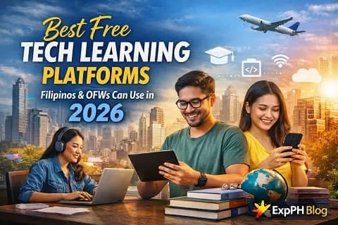 Filipinos and OFWs using laptops and smartphones to learn tech skills online in 2026 with ExpPH Blog logo displayed