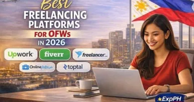 Filipino OFW working on a laptop with logos of Upwork, Fiverr, Freelancer.com, OnlineJobs.ph, and Toptal, showing best freelancing platforms for OFWs in 2026 with ExpPH Blog logo