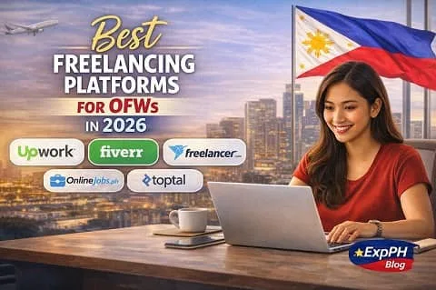Filipino OFW working on a laptop with logos of Upwork, Fiverr, Freelancer.com, OnlineJobs.ph, and Toptal, showing best freelancing platforms for OFWs in 2026 with ExpPH Blog logo