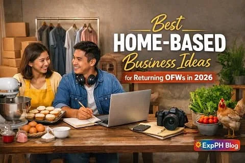 Filipino couple running a home-based business in the Philippines, showing online work, food preparation, and family entrepreneurship for returning OFWs in 2026.